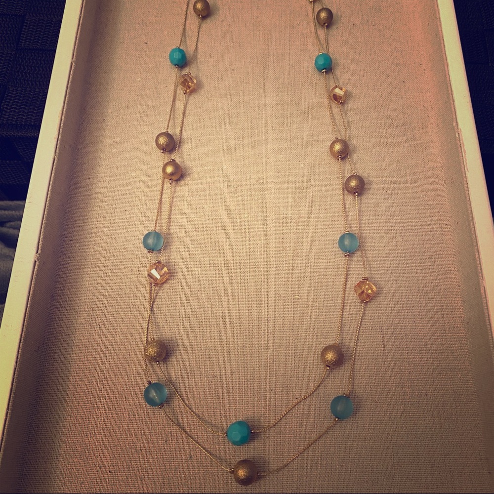 Long Layered gold and turquoise glass Necklace